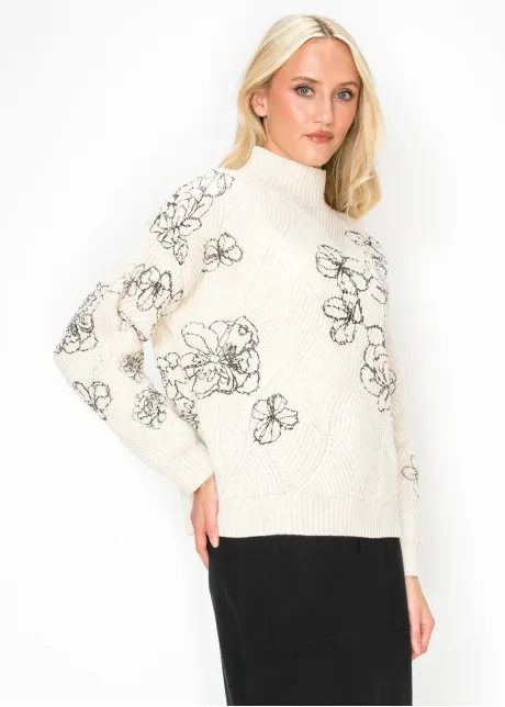 Cream Sweater with Black Floral Embroidery