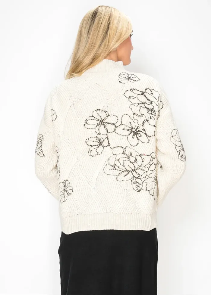Cream Sweater with Black Floral Embroidery