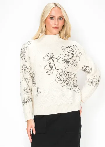 Cream Sweater with Black Floral Embroidery