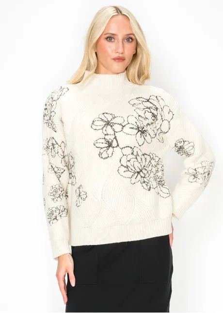 Cream Sweater with Black Floral Embroidery