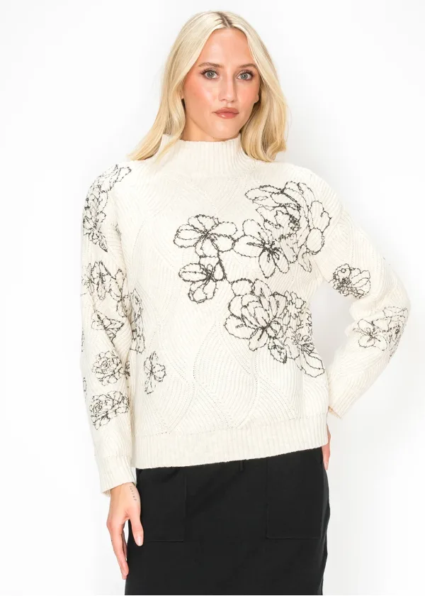 Cream Sweater with Black Floral Embroidery