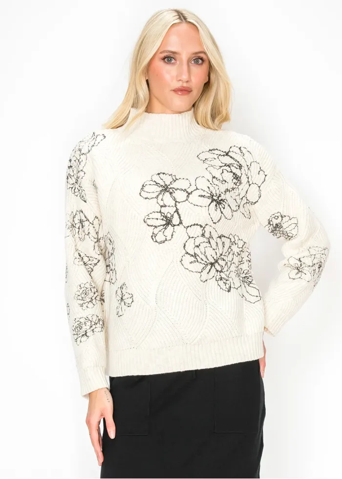 Cream Sweater with Black Floral Embroidery