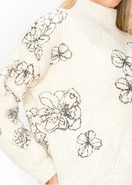Cream Sweater with Black Floral Embroidery