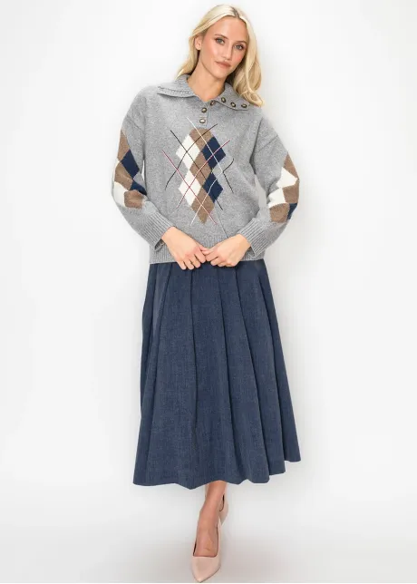 Collared Argyle Knit Top in Grey