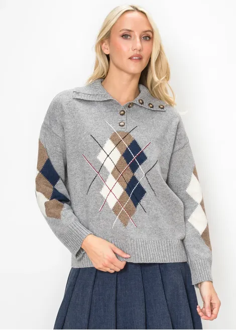 Collared Argyle Knit Top in Grey