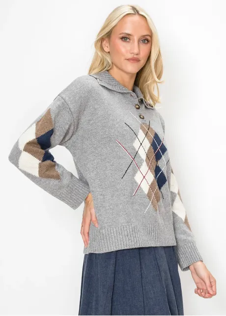 Collared Argyle Knit Top in Grey