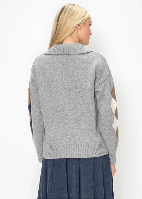 Collared Argyle Knit Top in Grey