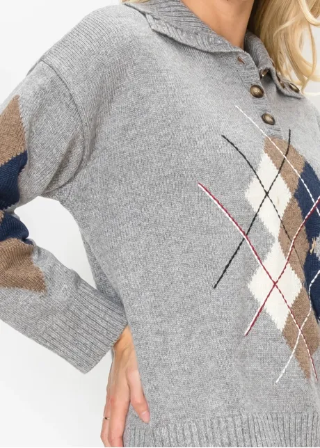 Collared Argyle Knit Top in Grey