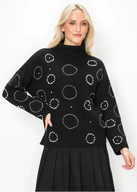 Pearl Embellished Turtleneck Sweater in Black