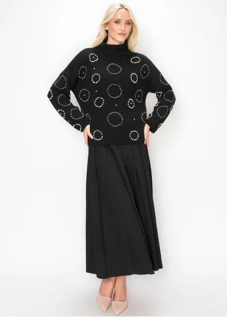 Pearl Embellished Turtleneck Sweater in Black