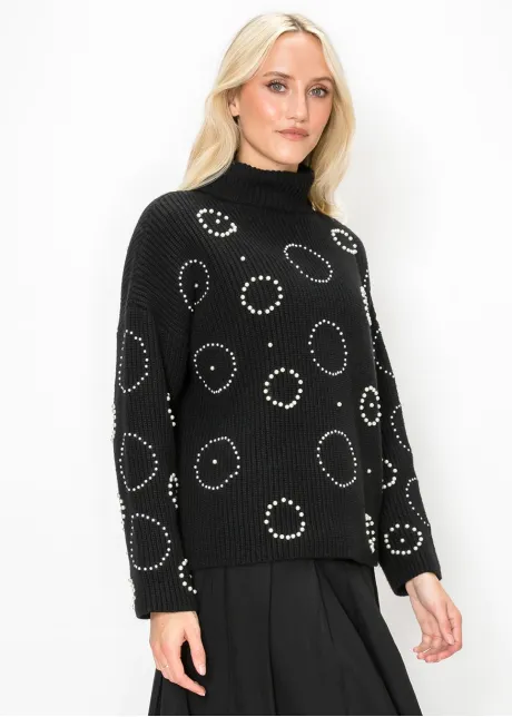 Pearl Embellished Turtleneck Sweater in Black