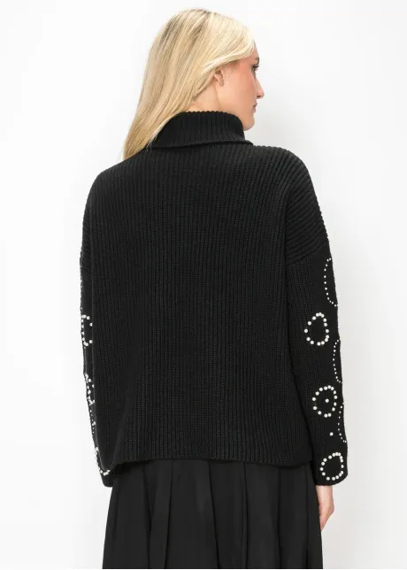 Pearl Embellished Turtleneck Sweater in Black