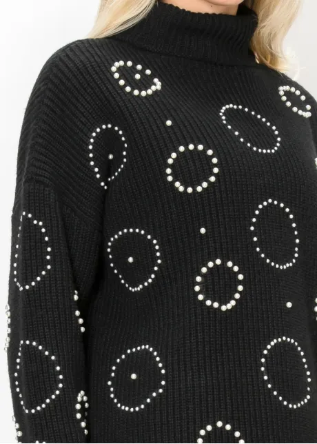 Pearl Embellished Turtleneck Sweater in Black