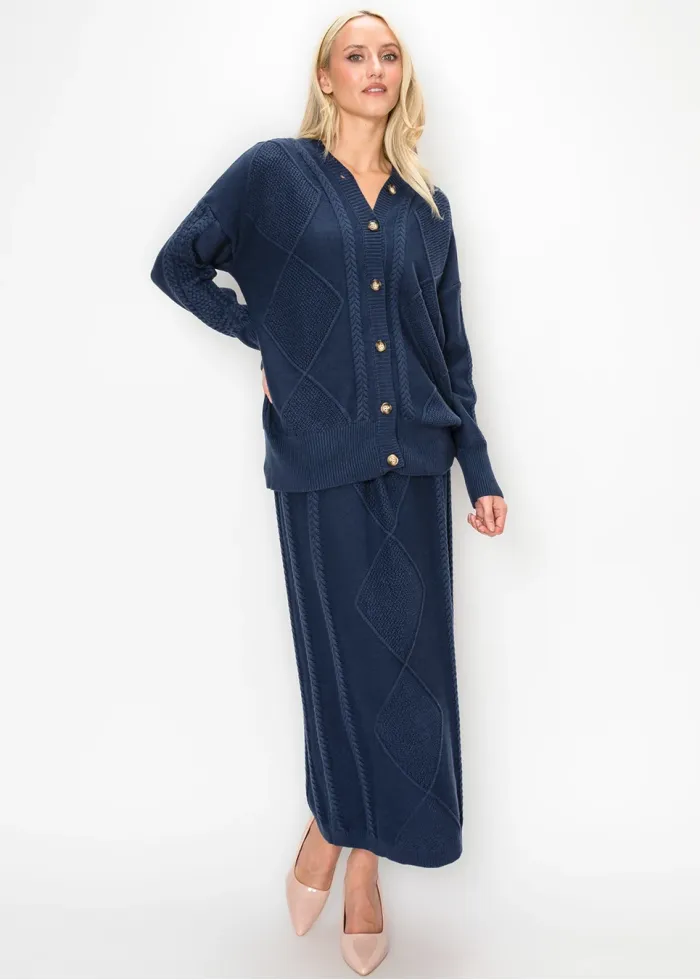 Navy Cable Knit Cardigan and Skirt Set