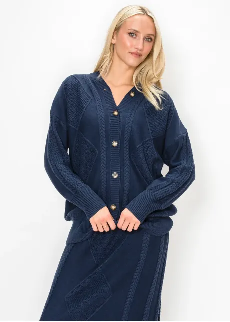 Navy Cable Knit Cardigan with Gold Buttons
