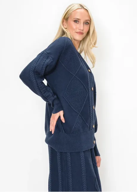 Navy Cable Knit Cardigan with Gold Buttons