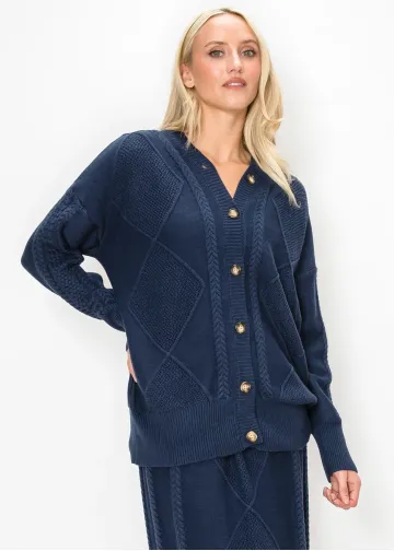 Navy Cable Knit Cardigan with Gold Buttons