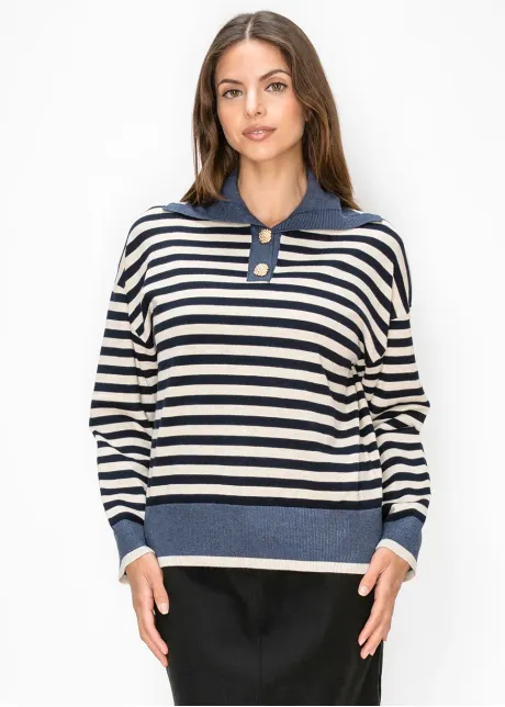 Gold Button Collared Stripe Sweater