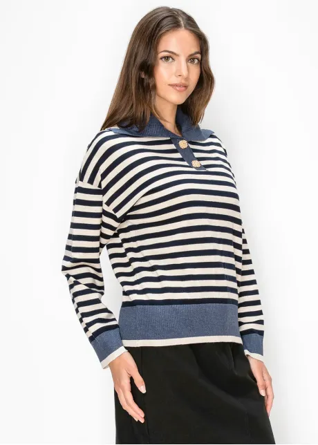 Gold Button Collared Stripe Sweater