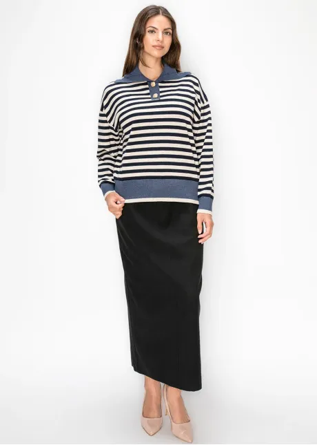 Gold Button Collared Stripe Sweater