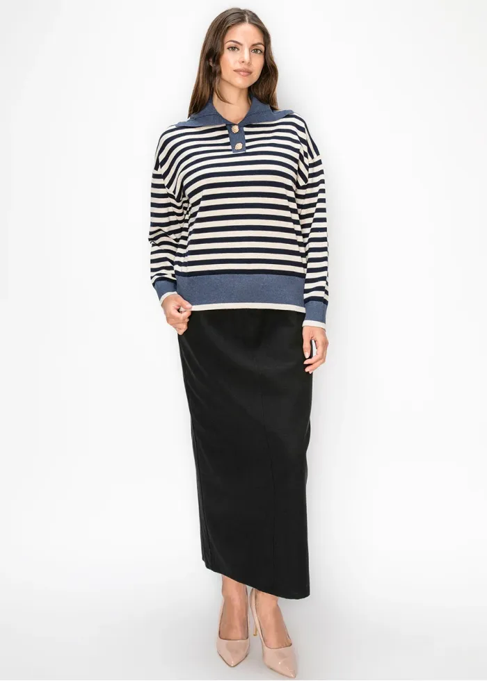 Gold Button Collared Stripe Sweater