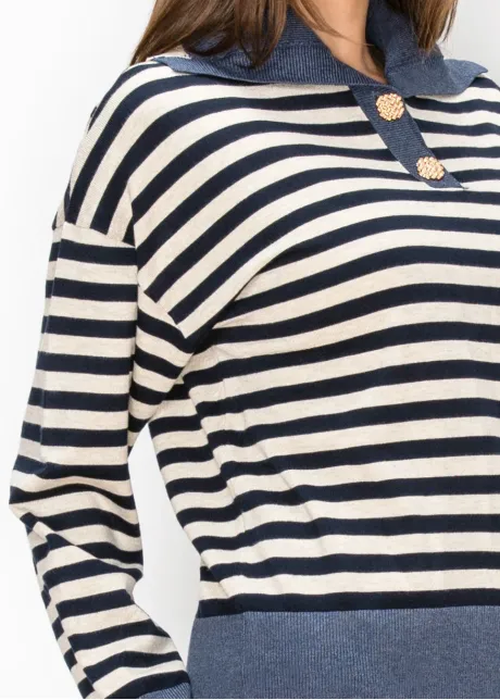 Gold Button Collared Stripe Sweater