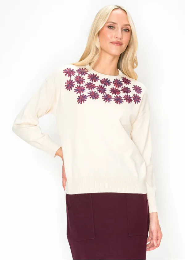 Embroidered Daisy Crewneck Sweater