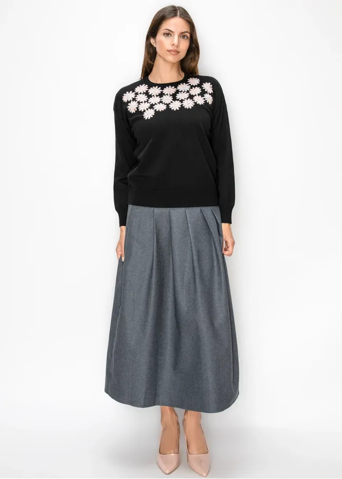 Daisy Embroidered Crewneck Sweater in Black