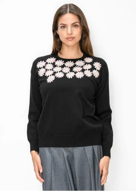 Daisy Embroidered Crewneck Sweater in Black