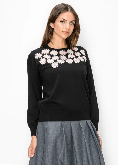 Daisy Embroidered Crewneck Sweater in Black