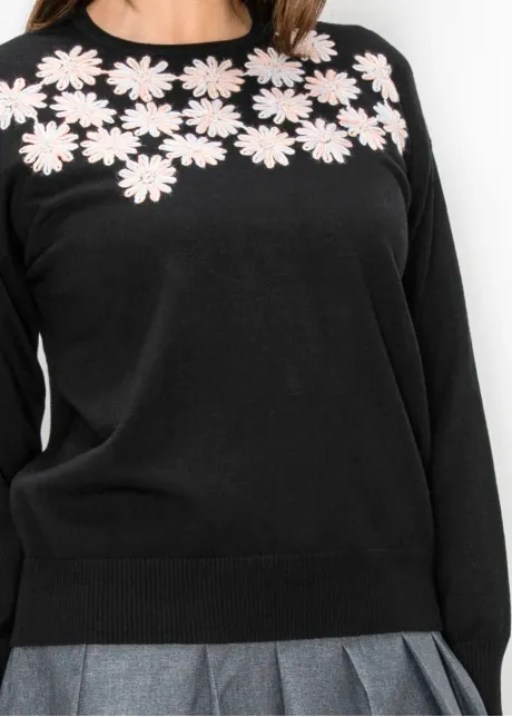 Daisy Embroidered Crewneck Sweater in Black