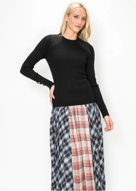 Crewneck Rib Sweater with Button Cuffs