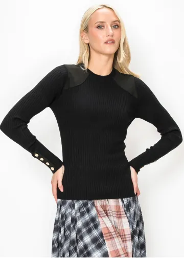 Crewneck Rib Sweater with Button Cuffs