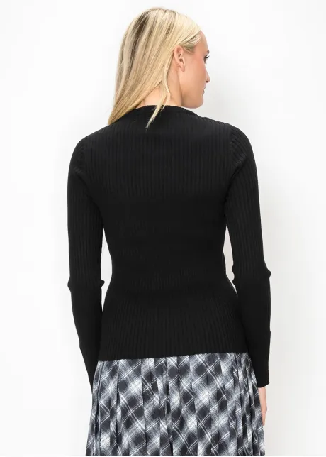 Crewneck Rib Sweater with Button Cuffs