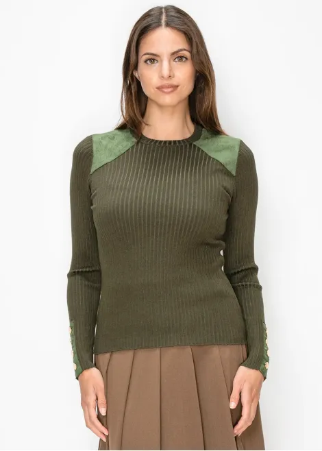Rib Knit Sweater with Gold Button Cuffs