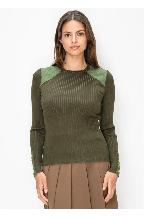 Rib Knit Sweater with Gold Button Cuffs