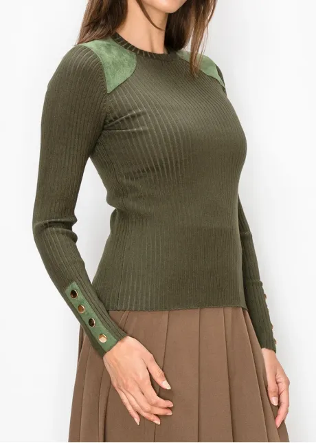Rib Knit Sweater with Gold Button Cuffs