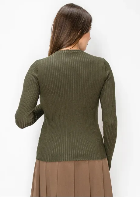 Rib Knit Sweater with Gold Button Cuffs
