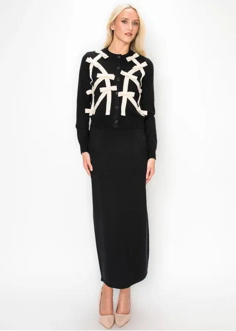 Bow Trim Knit Cardigan, Black and Cream