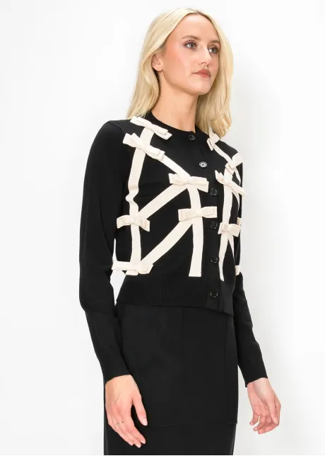 Bow Trim Knit Cardigan, Black and Cream