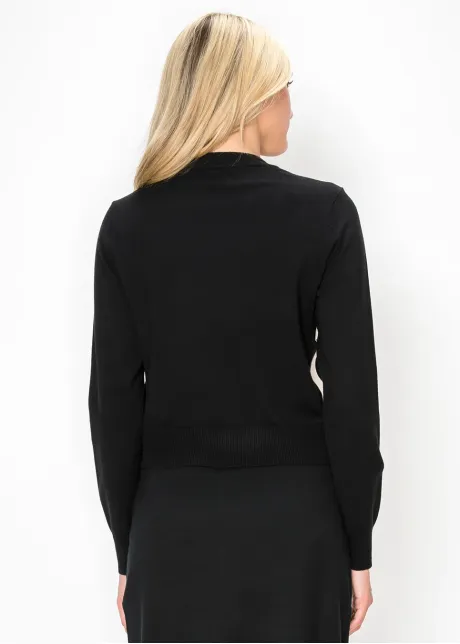 Bow Trim Knit Cardigan, Black and Cream