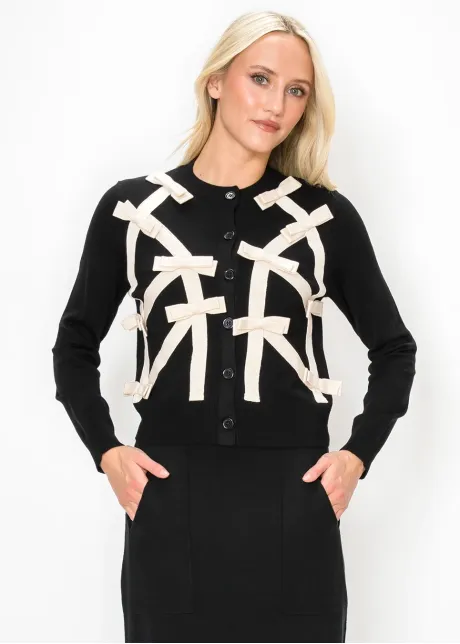 Bow Trim Knit Cardigan, Black and Cream