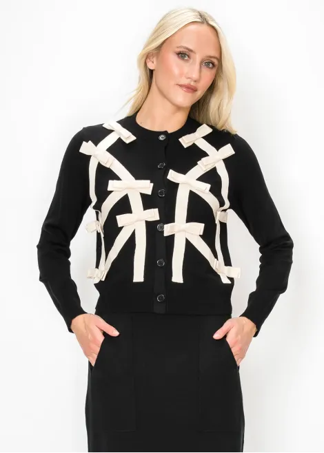 Bow Trim Knit Cardigan, Black and Cream