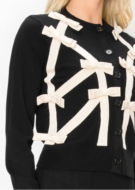 Bow Trim Knit Cardigan, Black and Cream