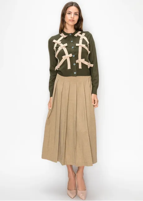 Olive Cardigan with Beige Ribbon Bows
