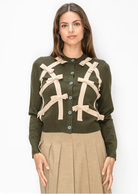 Olive Cardigan with Beige Ribbon Bows