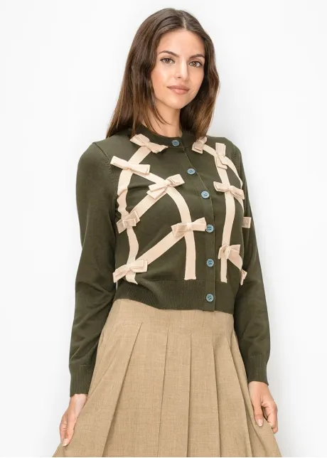 Olive Cardigan with Beige Ribbon Bows
