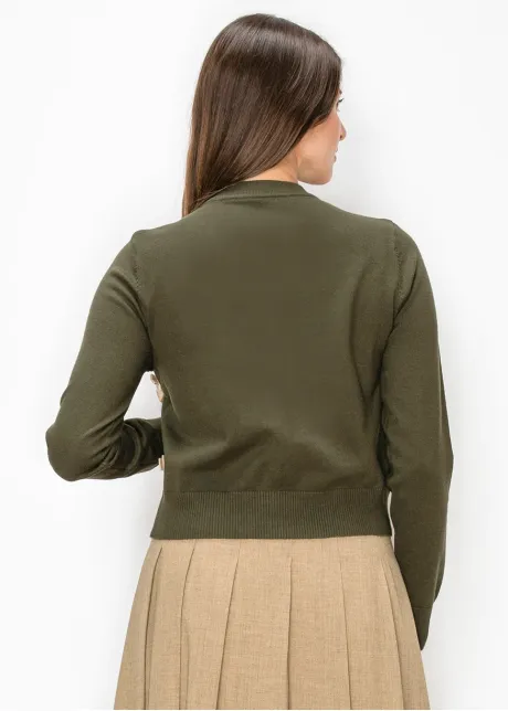 Olive Cardigan with Beige Ribbon Bows