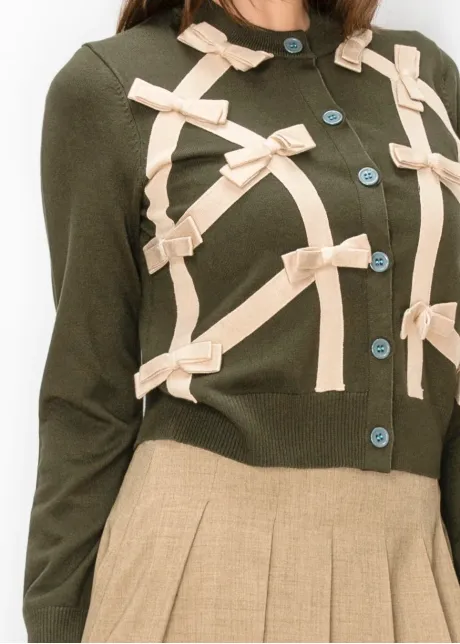 Olive Cardigan with Beige Ribbon Bows