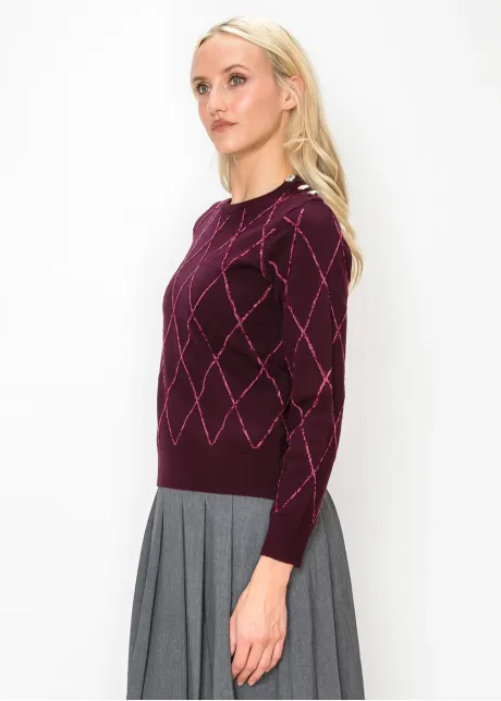 Burgundy Argyle Sweater with Shoulder Buttons